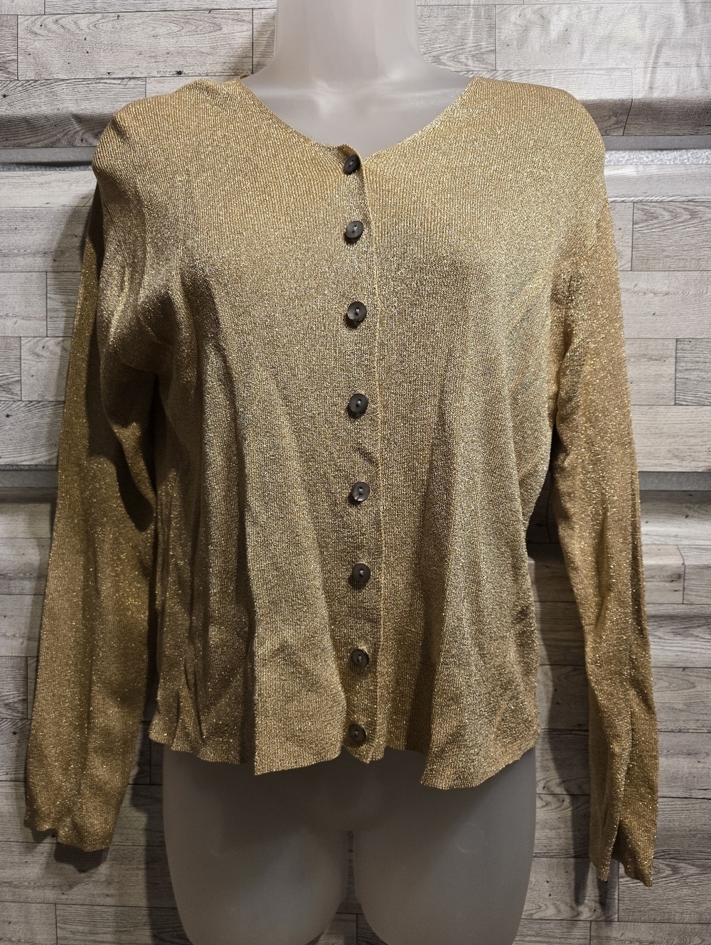 Lord & Taylor Gold Metallic Button-Front Cardigan
